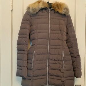 Snowimage puffer with red fox fur collar